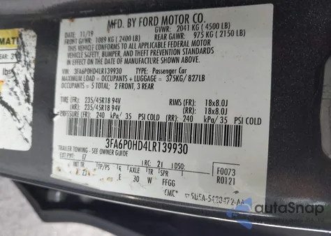 2020 Ford Fusion Se из США, поврежденный, VIN 3FA6P0HD4LR139930